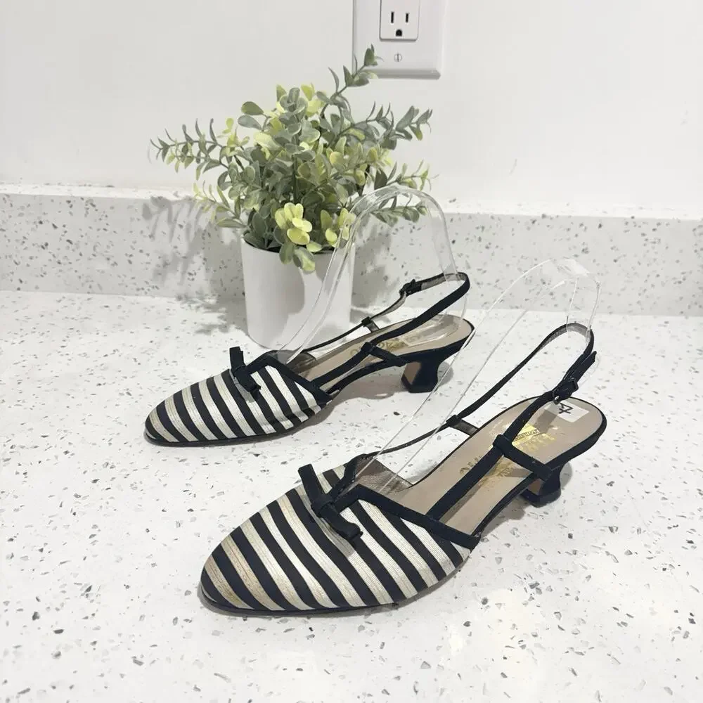 Salvatore Ferragamo striped slingback kitten heels Black Cream Striped Pointed 7